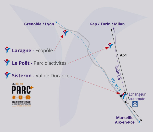 3 parcs d'activités Sisteron,
 Le Poët,
 Laragne